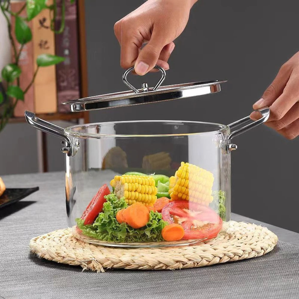 Panela de Vidro com Tampa e Alças em Aço Inox | Panela Transparente para Sopas e Massas