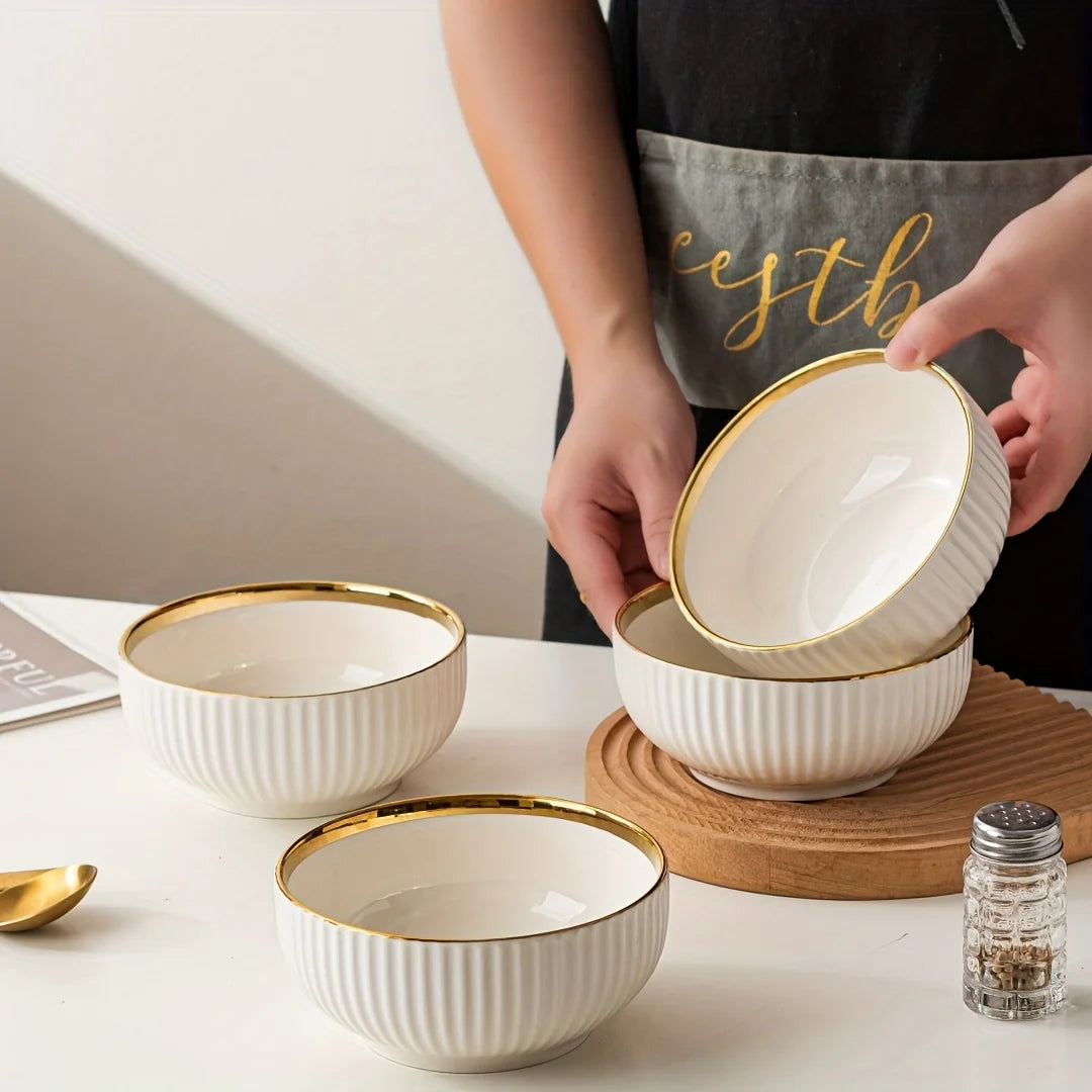 Aparelho de Jantar em Cerâmica Premium com Filete Dourado | Pratos e Bowls de Luxo
