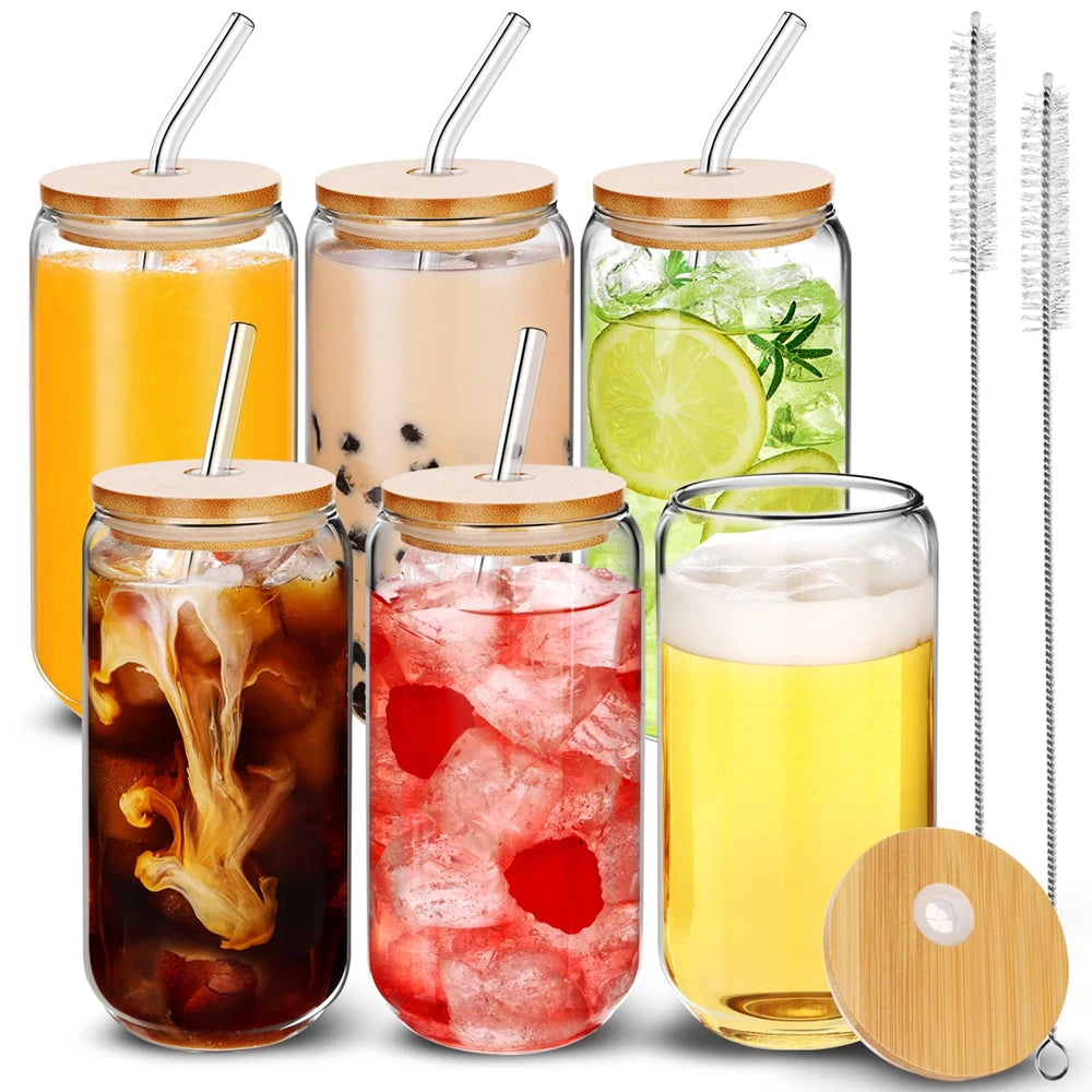 Kit Copos de Vidro Caneca Can 500ml com Tampa e Canudo
