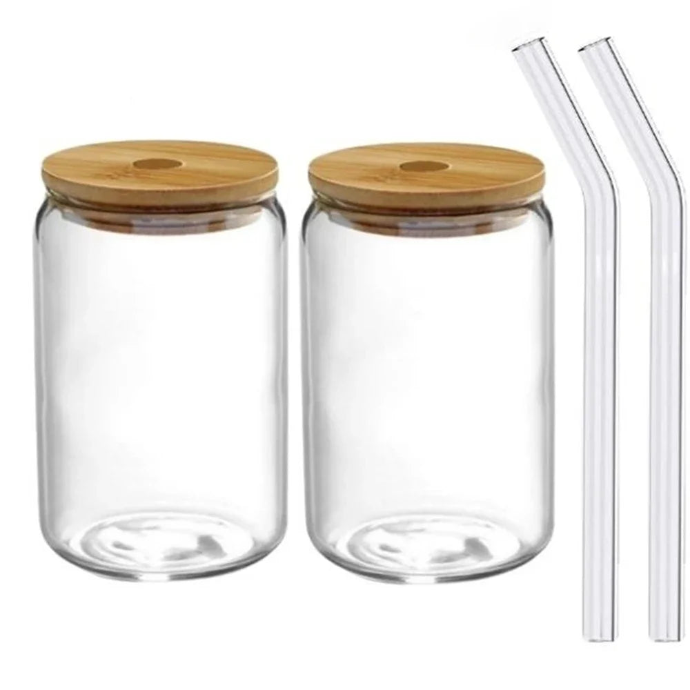 Kit Copos de Vidro Caneca Can 500ml com Tampa e Canudo