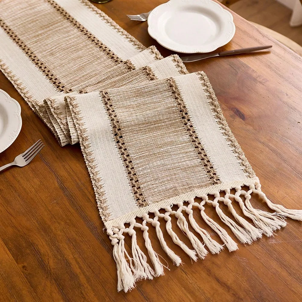 Caminho Passadeira de Mesa Listrado com Franjas