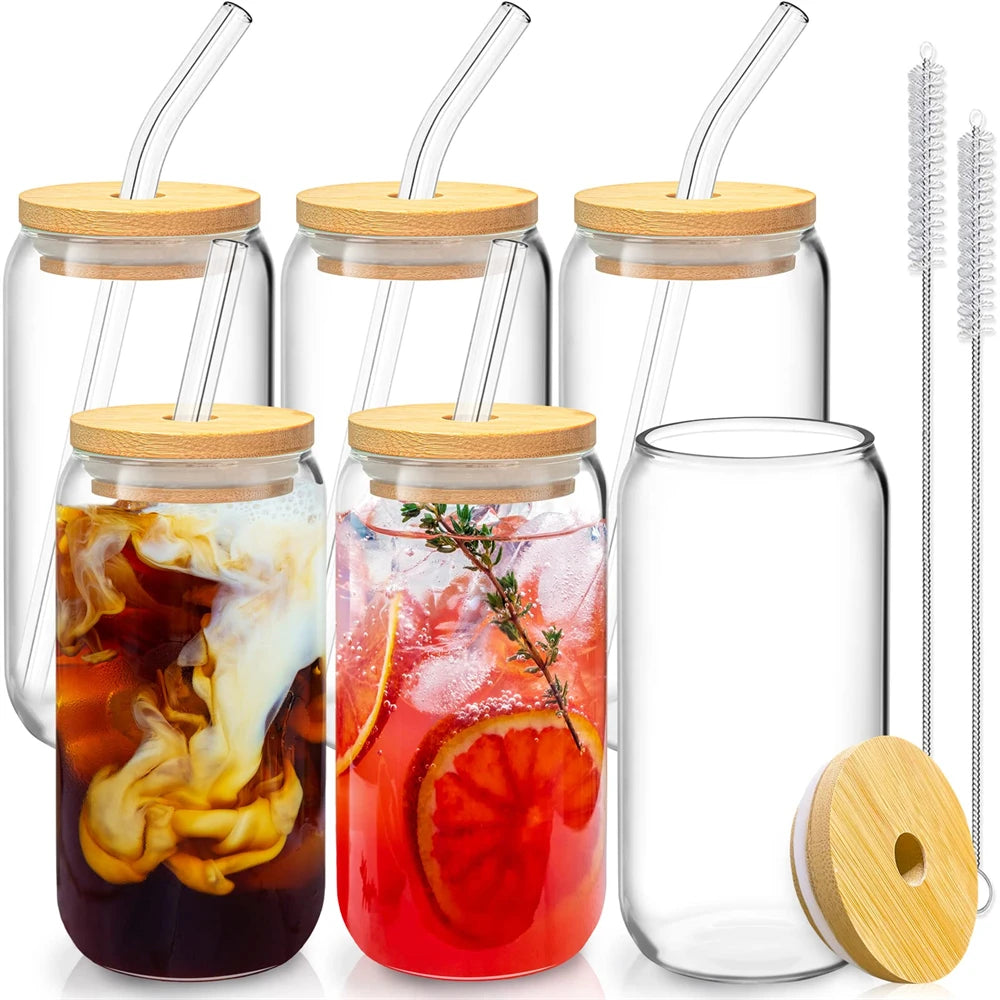 Kit Copos de Vidro Caneca Can 500ml com Tampa e Canudo