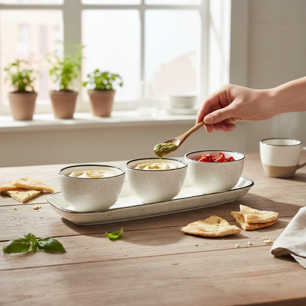 Conjunto para servir Cucinamup com travessa retangular e três bowls de cerâmica bege sobre mesa de madeira.