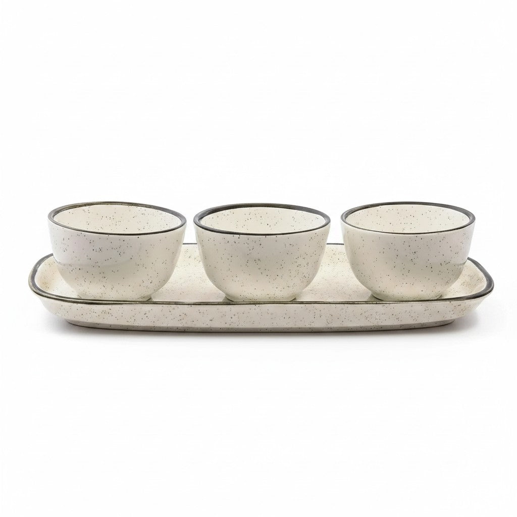 Conjunto para servir Cucinamup Oxford Breeze em cerâmica bege com travessa retangular e três bowls redondos.