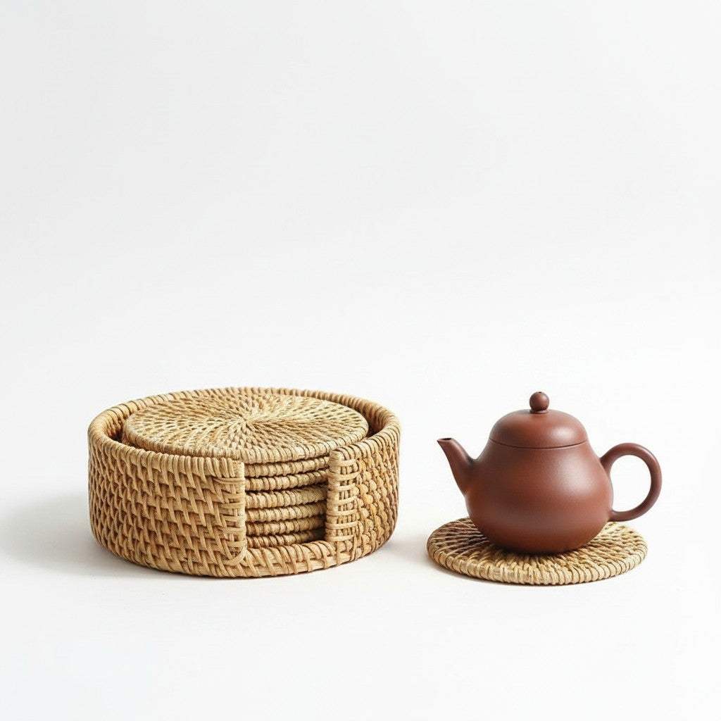 Kit de descanso de copos Cucinamup em bambu trançado estilo japonês com suporte redondo e um bule de chá marrom.
