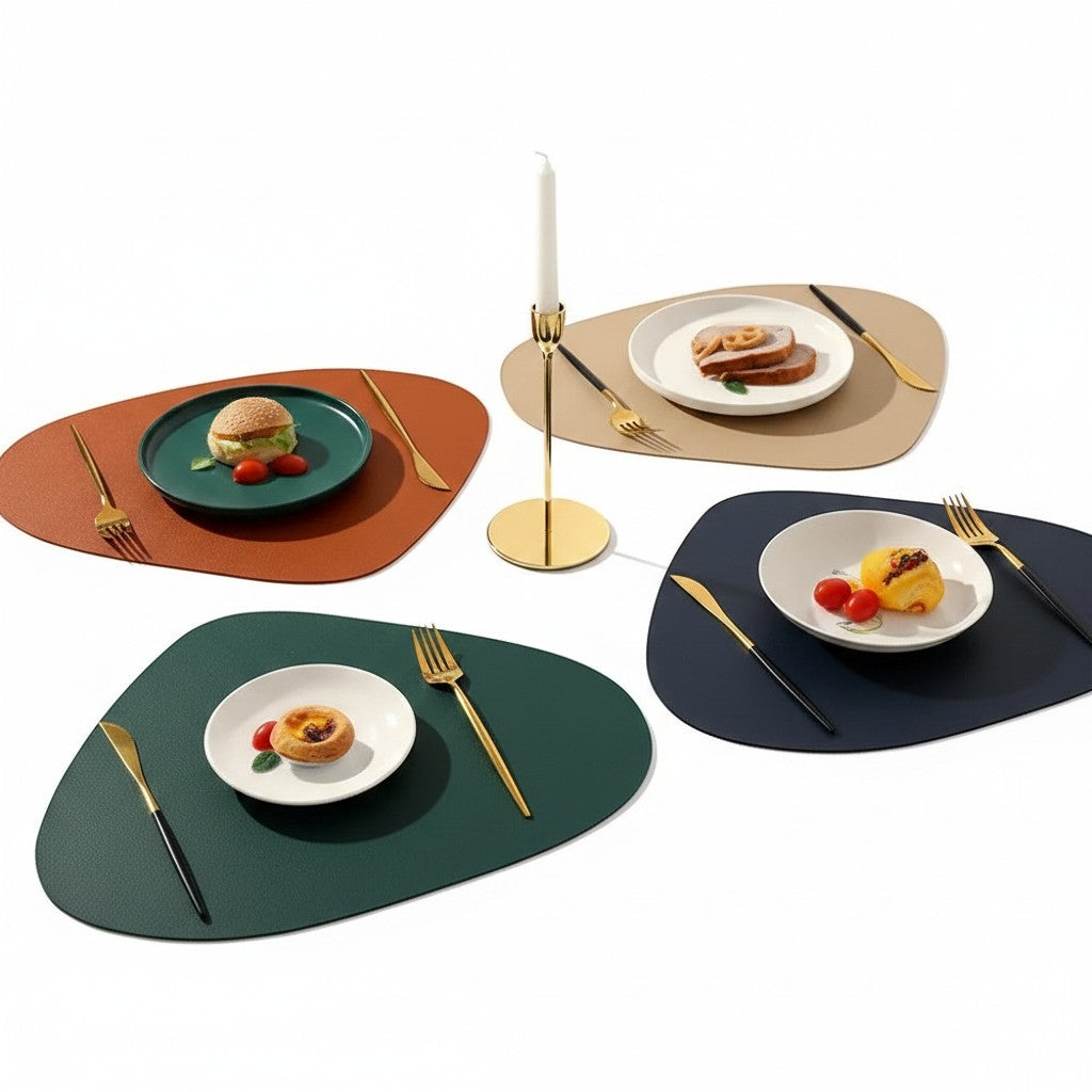 Jogo americano gota Cucinamup em couro sintético premium, disponível em várias cores, sobre mesa posta elegante.