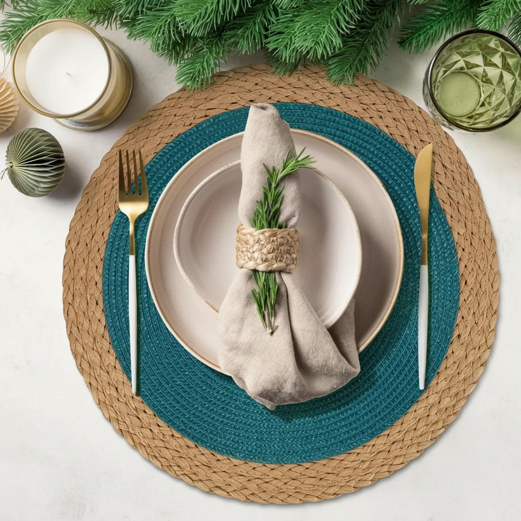Jogo americano redondo trançado Cucinamup em camadas azul e bege, compondo mesa posta elegante com pratos e talheres.