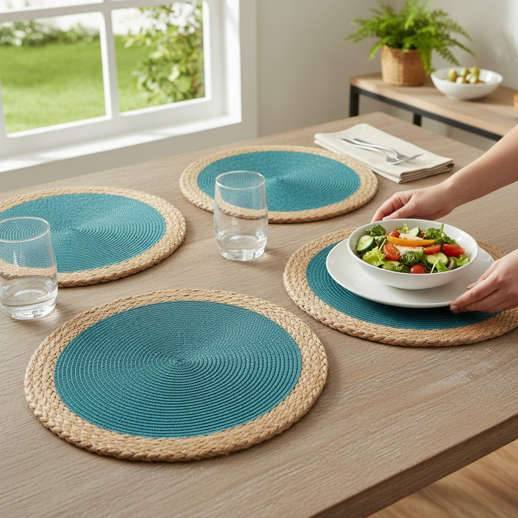 Jogo americano redondo trançado Cucinamup azul pavão com borda de fibra natural em mesa de madeira posta para refeição