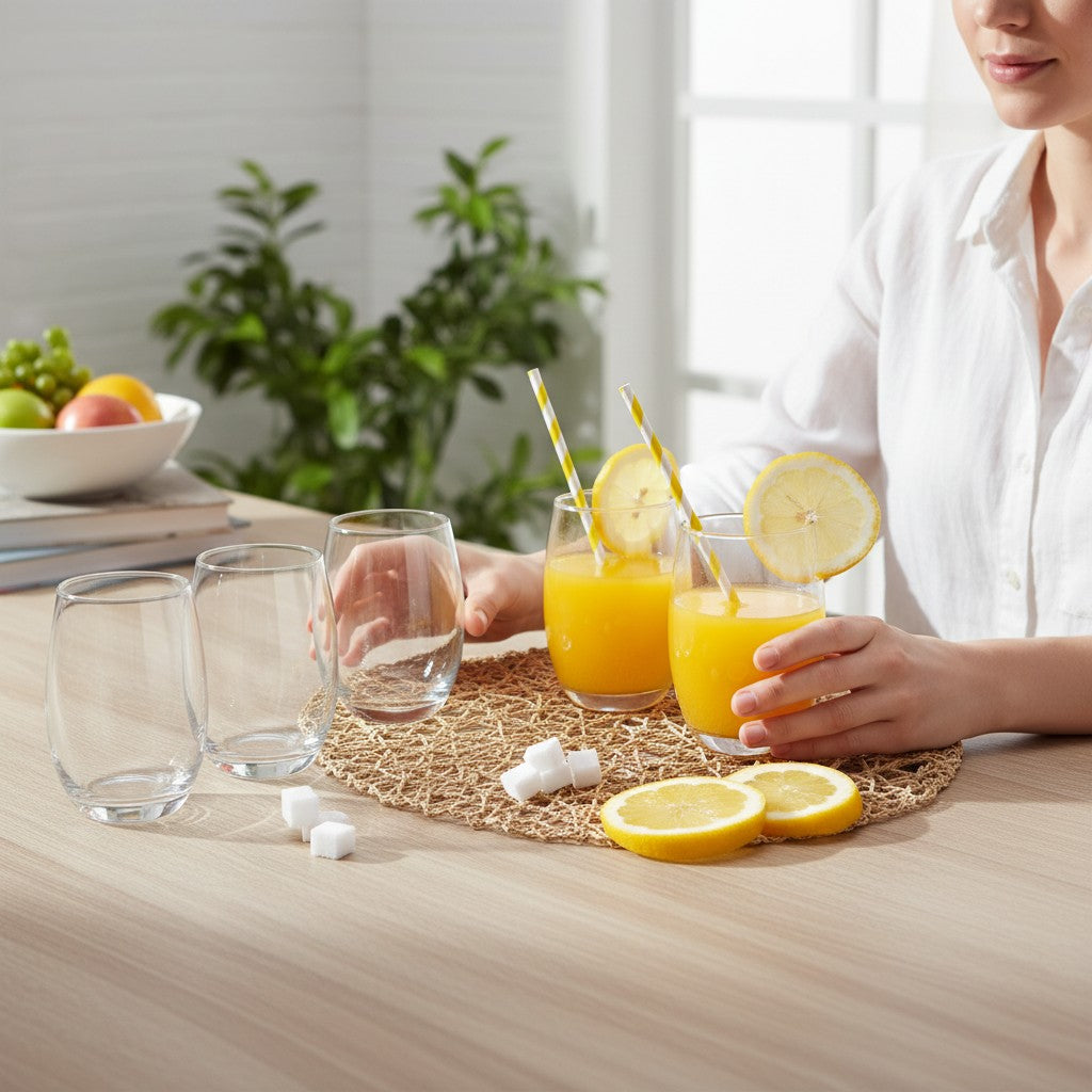 Kit com 6 copos de vidro Nadir Aruba 465ml da Cucinamup servidos com suco de laranja em mesa posta elegante.