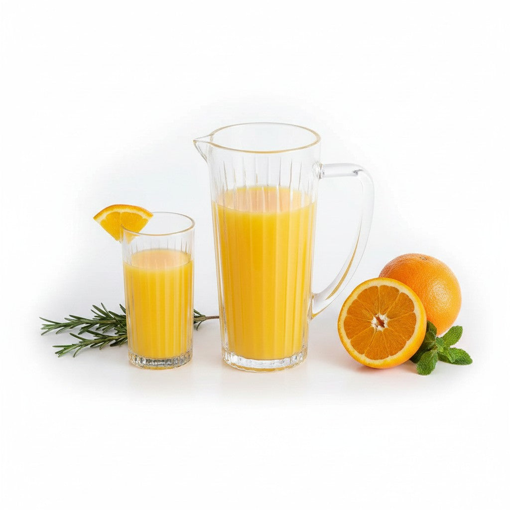 Jogo de jarra e copos de vidro Cucinamup Filetto com suco de laranja, design canelado elegante para servir bebidas.