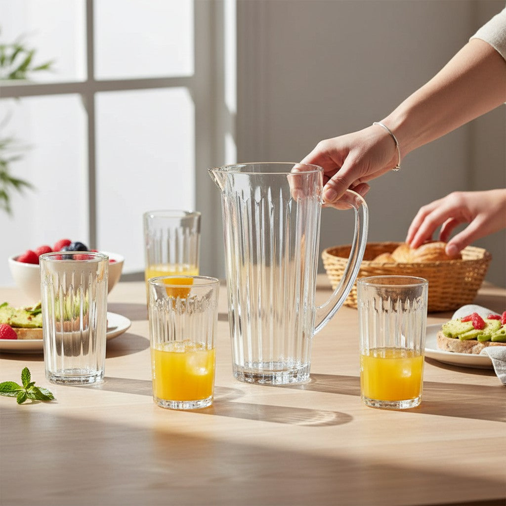 Jogo de jarra e copos Cucinamup Haus Concept Filetto em vidro transparente com design canelado em mesa posta