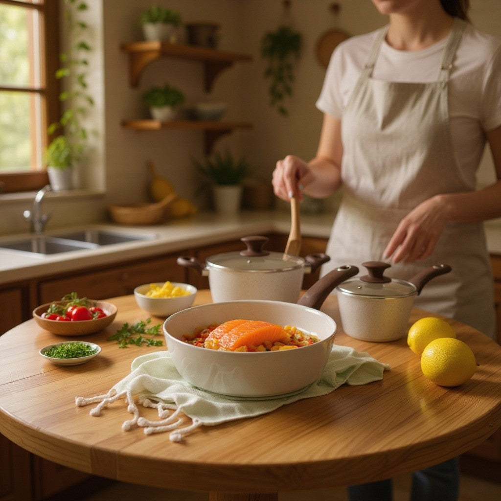 Jogo de panelas Cucinamup Brinox Ceramic Life cor vanilla sobre mesa de madeira com pessoa cozinhando ao fundo