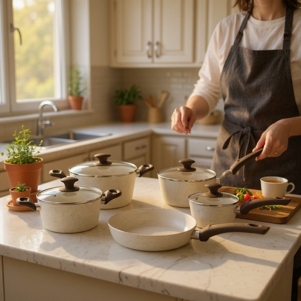 Jogo de panelas Brinox Ceramic Life Optima Essentials cor Vanilla na cozinha, vendido pela Cucinamup.