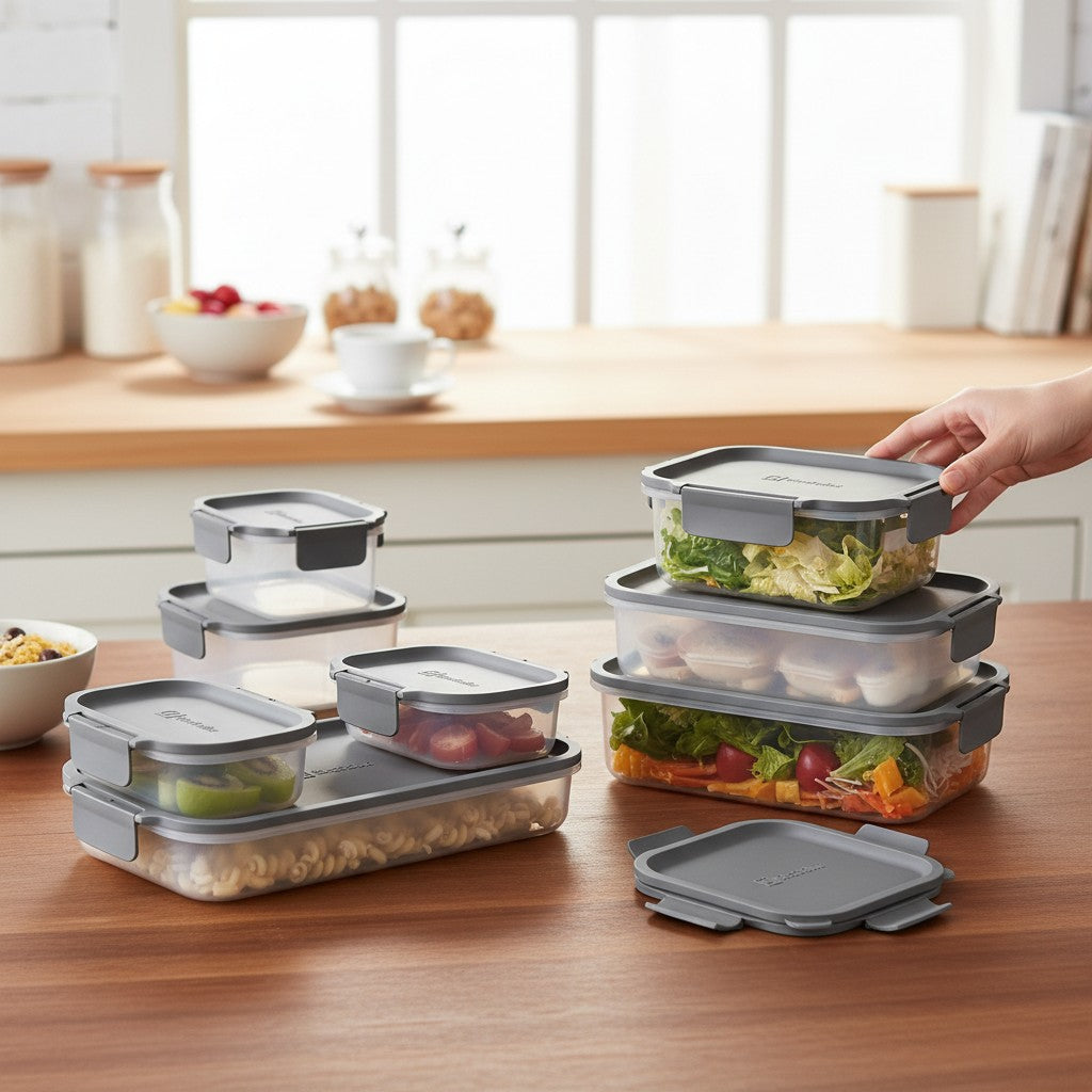 Jogo de potes herméticos Cucinamup Electrolux Experience com 8 peças modulares cinzas empilhadas em mesa de cozinha