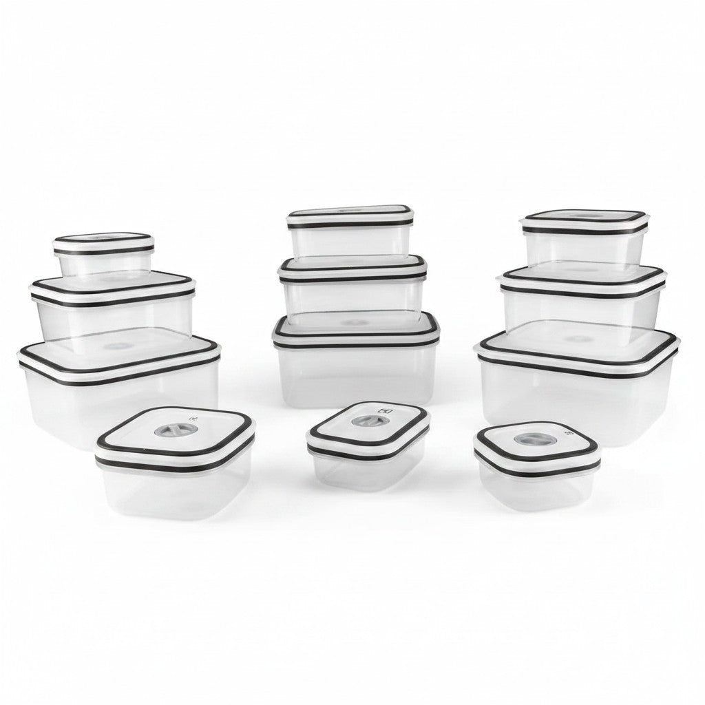 Jogo de 12 potes herméticos Electrolux Cucinamup em plástico transparente com vedação cinza, ideais para organização.