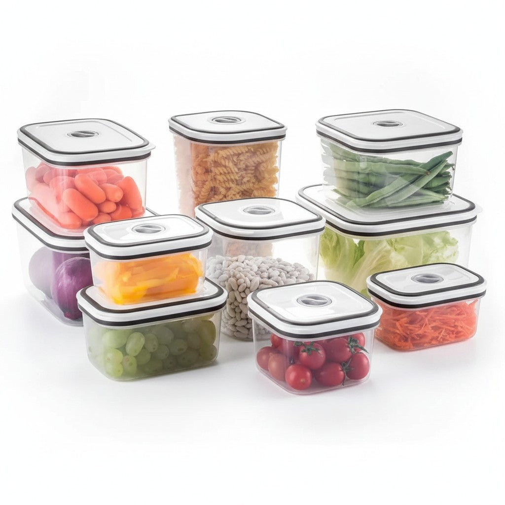 Jogo de 10 potes herméticos quadrados Cucinamup Electrolux em plástico transparente com tampa easy-open para alimentos.