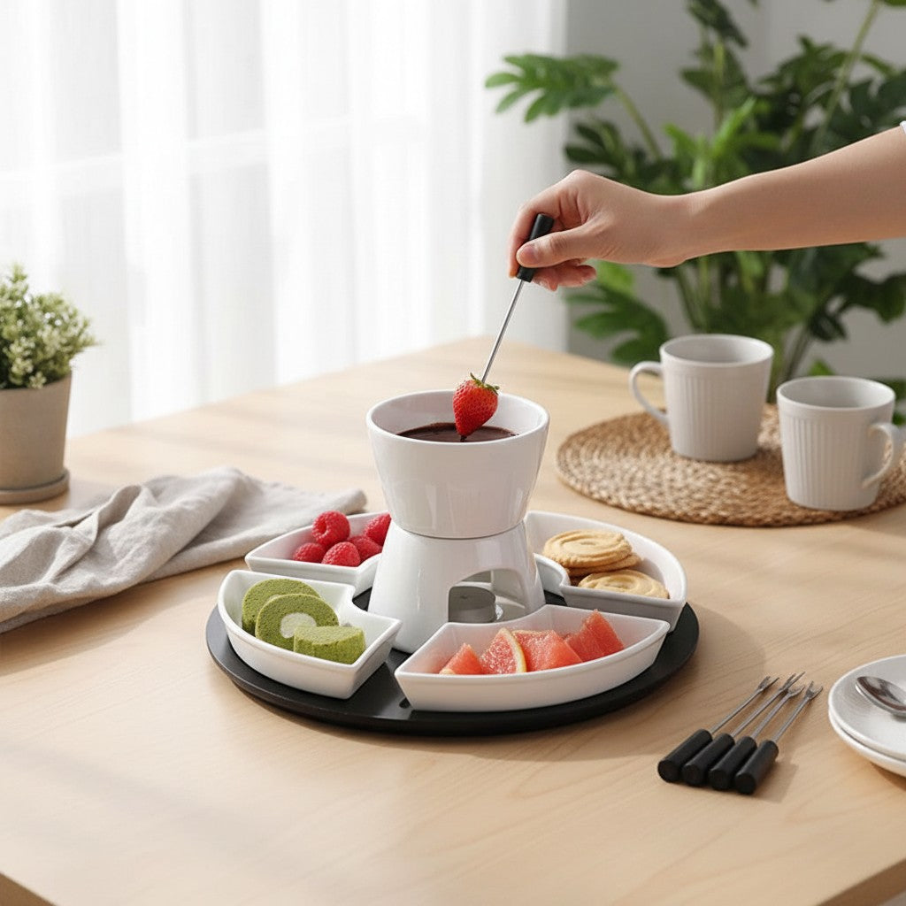 Kit de fondue Cucinamup em cerâmica branca com panela, suporte, quatro garfos e bandejas para frutas e doces na mesa.