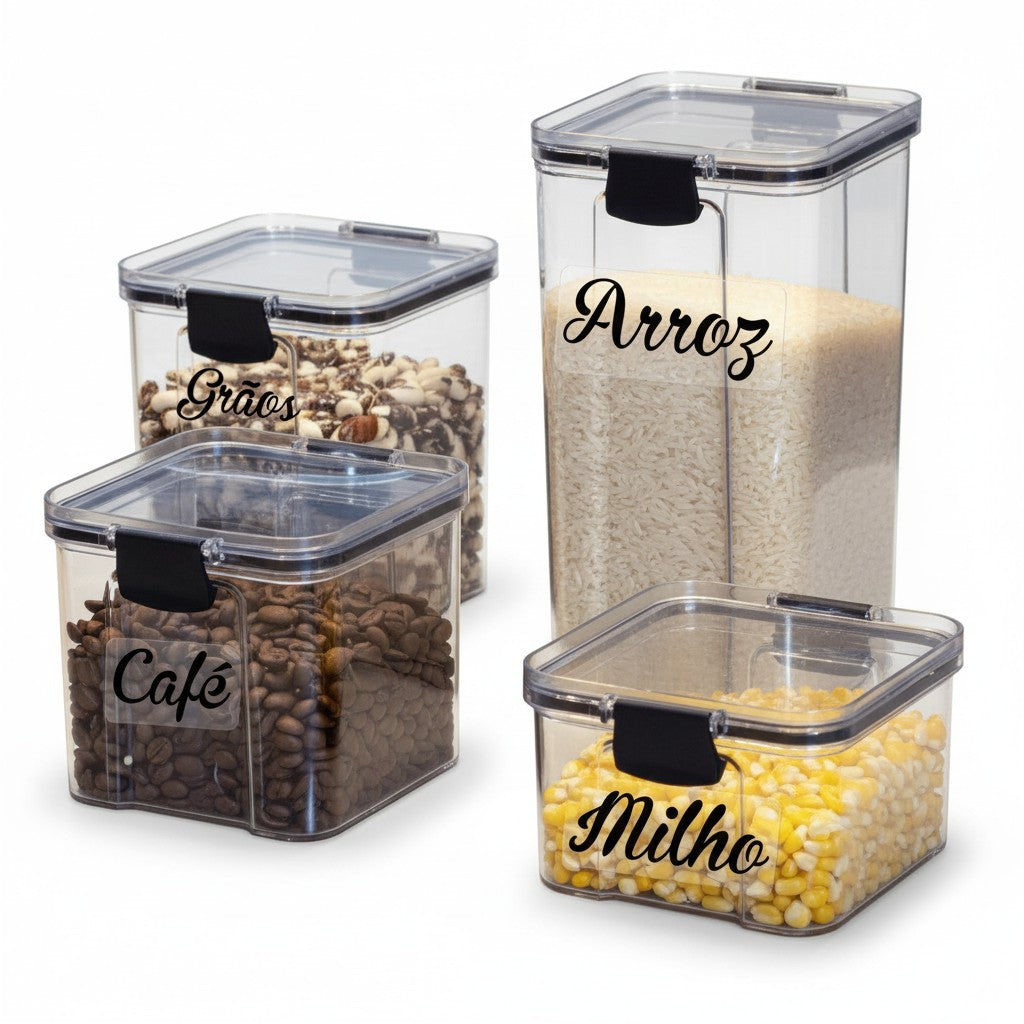 Kit com 4 potes herméticos empilháveis Cucinamup de plástico transparente com travas pretas e mantimentos variados.