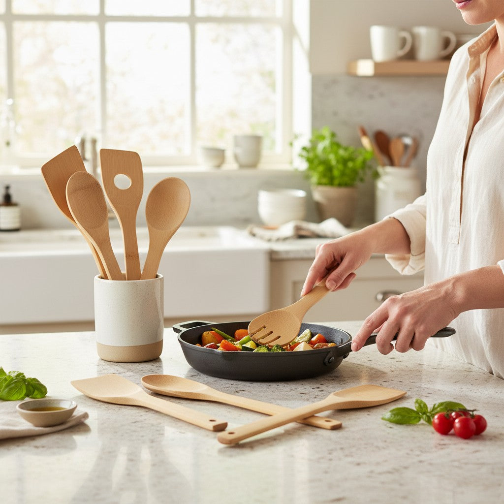 Kit de utensílios de bambu Cucinamup com 6 peças em uso na cozinha, ideal para panelas antiaderentes.