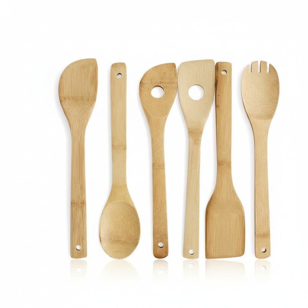 Kit de 6 utensílios de cozinha em bambu natural Cucinamup, resistentes ao calor e ideais para panelas antiaderentes.
