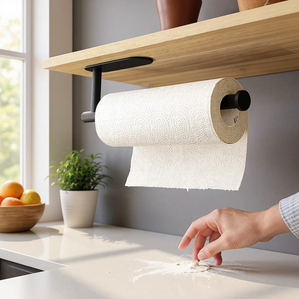 Porta papel toalha adesivo preto Cucinamup fixado sob prateleira de madeira em cozinha moderna.