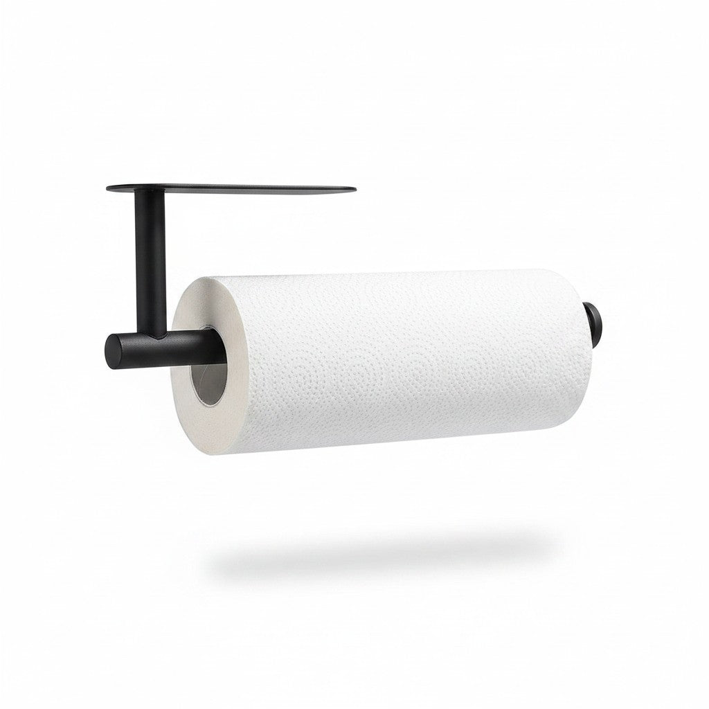 Porta papel toalha adesivo Cucinamup preto, suporte de plástico resistente para cozinha sem necessidade de furos.