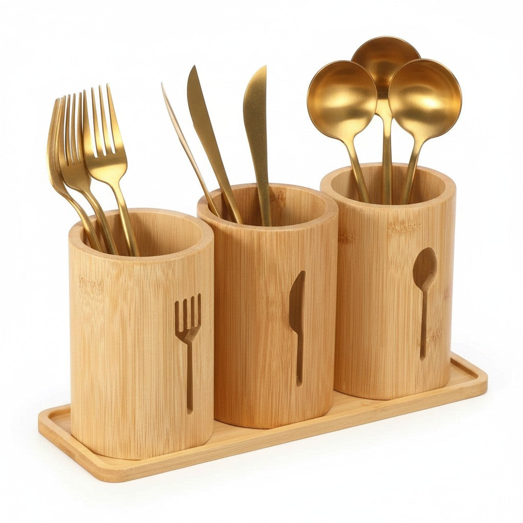 Porta talheres Cucinamup em bambu natural com três recipientes cilíndricos e bandeja organizadora para cozinha.