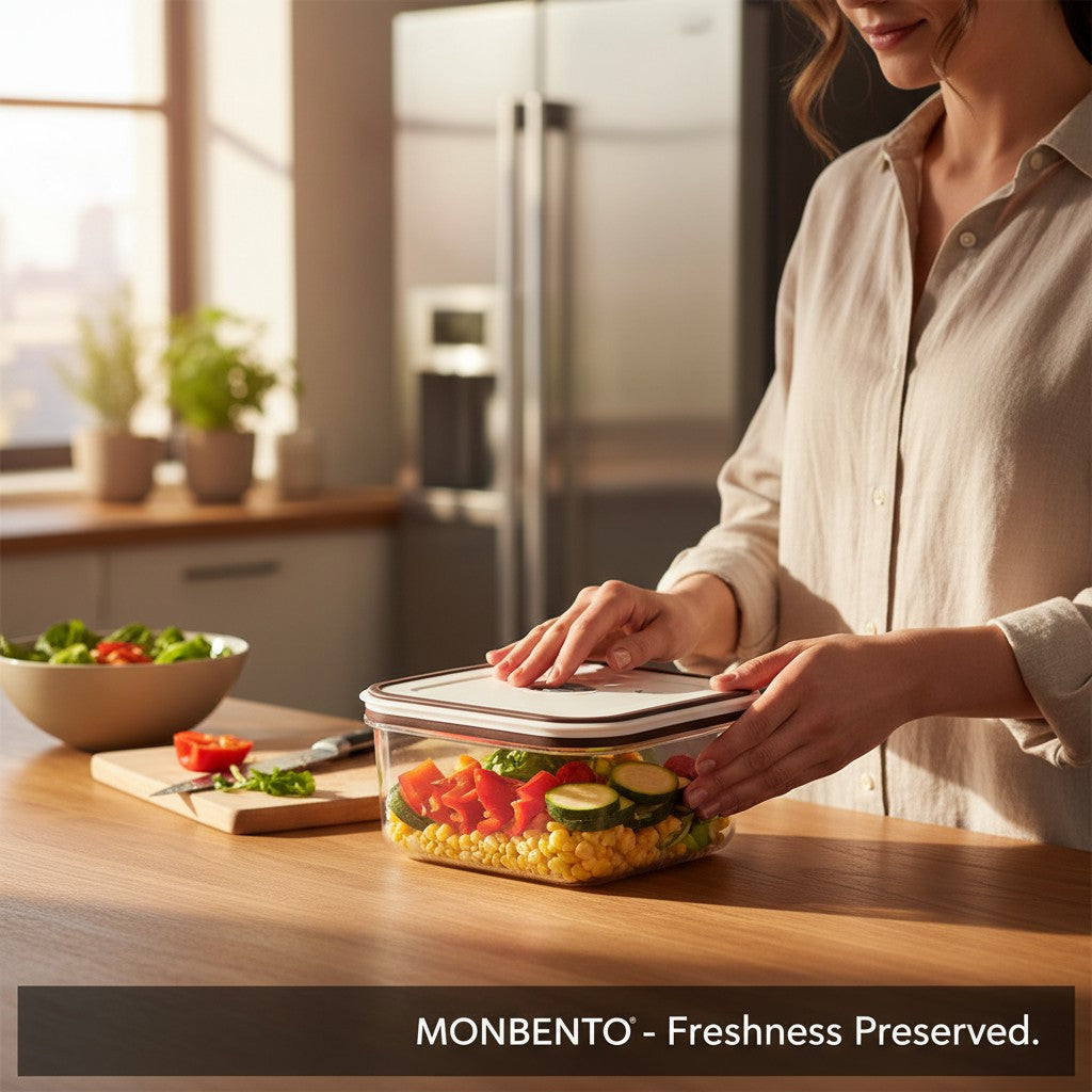 Mulher organizando vegetais frescos em pote hermético Cucinamup Electrolux de plástico transparente com tampa cinza.