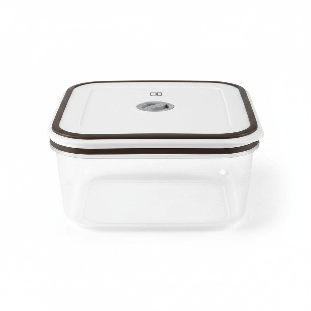 Pote hermético quadrado Electrolux da Cucinamup em plástico transparente com tampa cinza e vedação de silicone