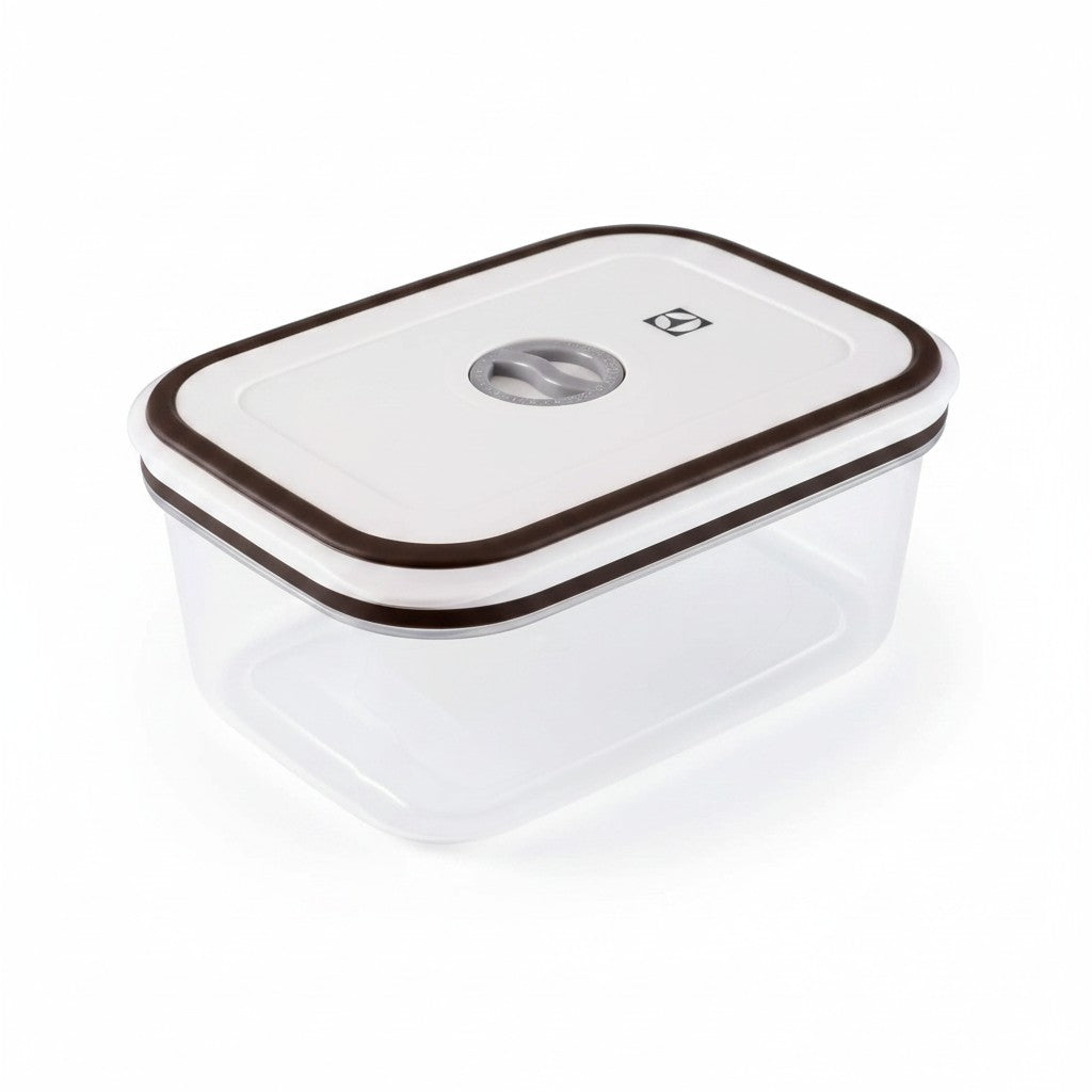 Pote hermético retangular Electrolux da Cucinamup em plástico transparente com tampa branca e vedação cinza.