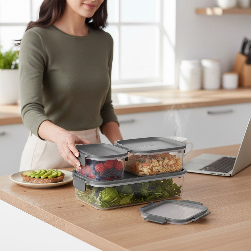 Mulher organizando potes herméticos cinza da Cucinamup com alimentos frescos em uma bancada de cozinha moderna.