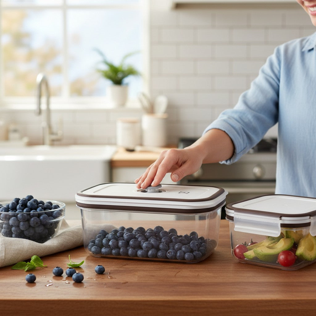 Pessoa usando pote hermético Cucinamup Electrolux com mirtilos em cozinha organizada