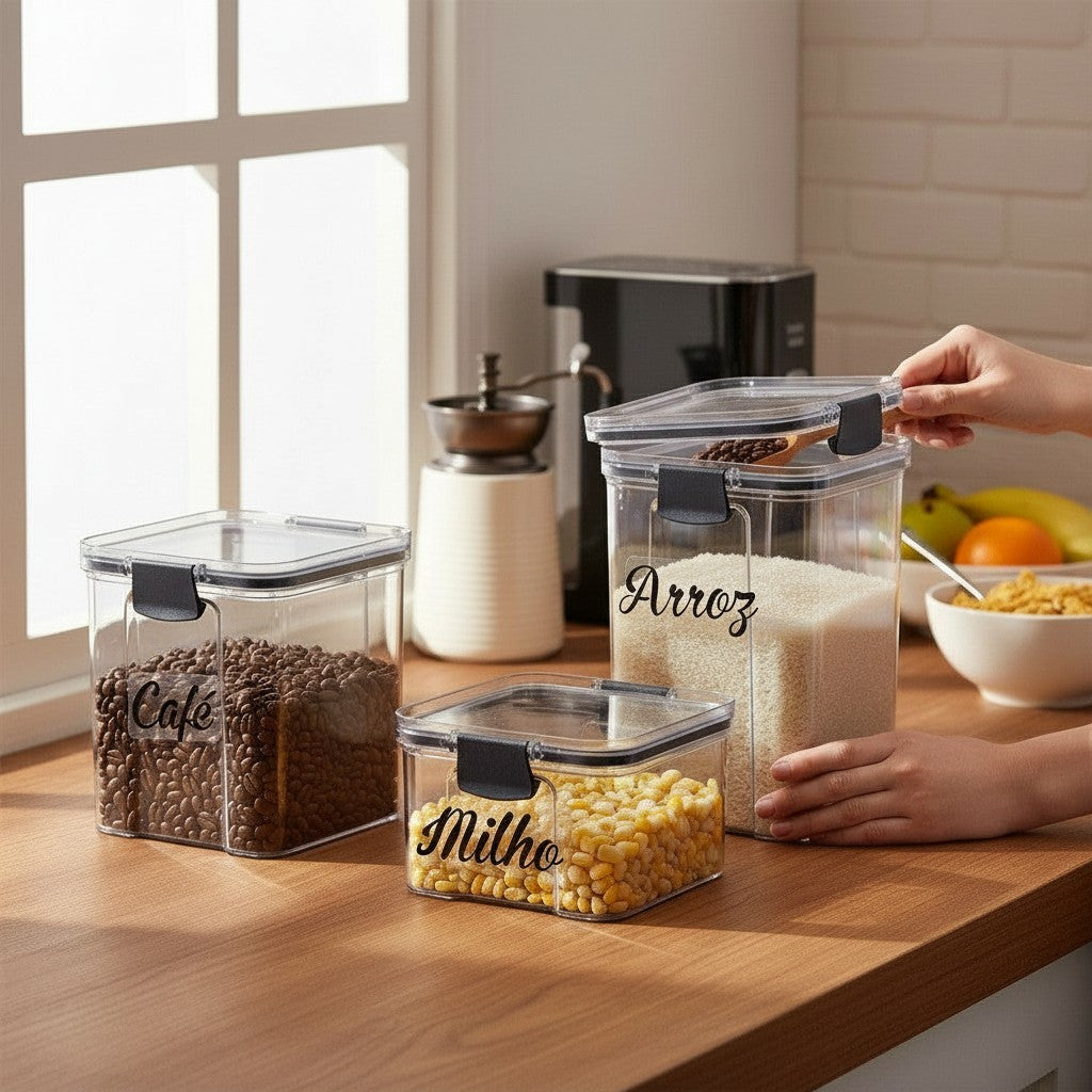 Kit de 4 potes herméticos empilháveis Cucinamup transparentes com travas laterais, organizando mantimentos na cozinha.