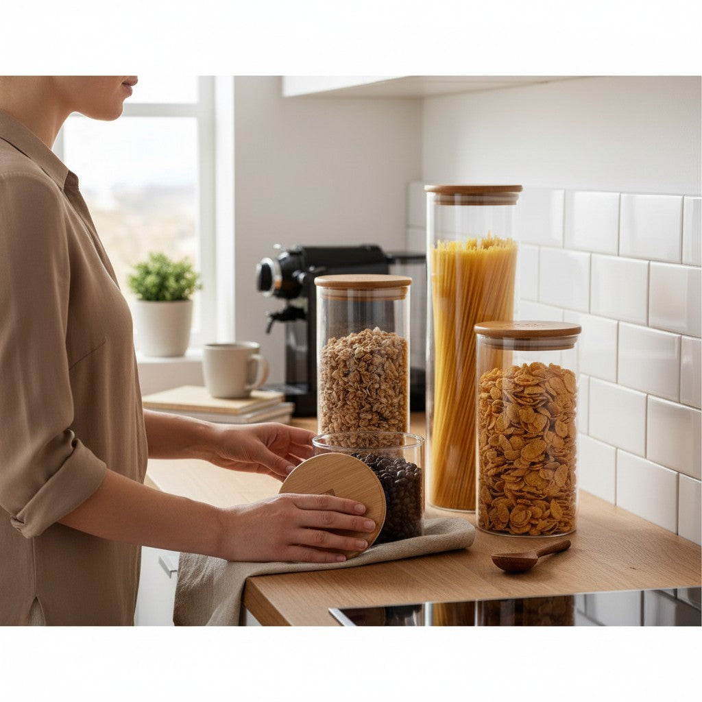 Mulher organizando potes herméticos de vidro Electrolux com tampa de bambu na bancada da cozinha Cucinamup