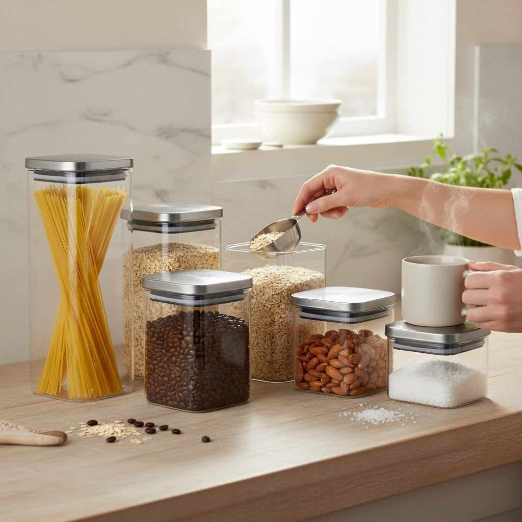 Kit de 5 potes herméticos de vidro borossilicato Cucinamup com tampas de aço inox organizando mantimentos na cozinha.