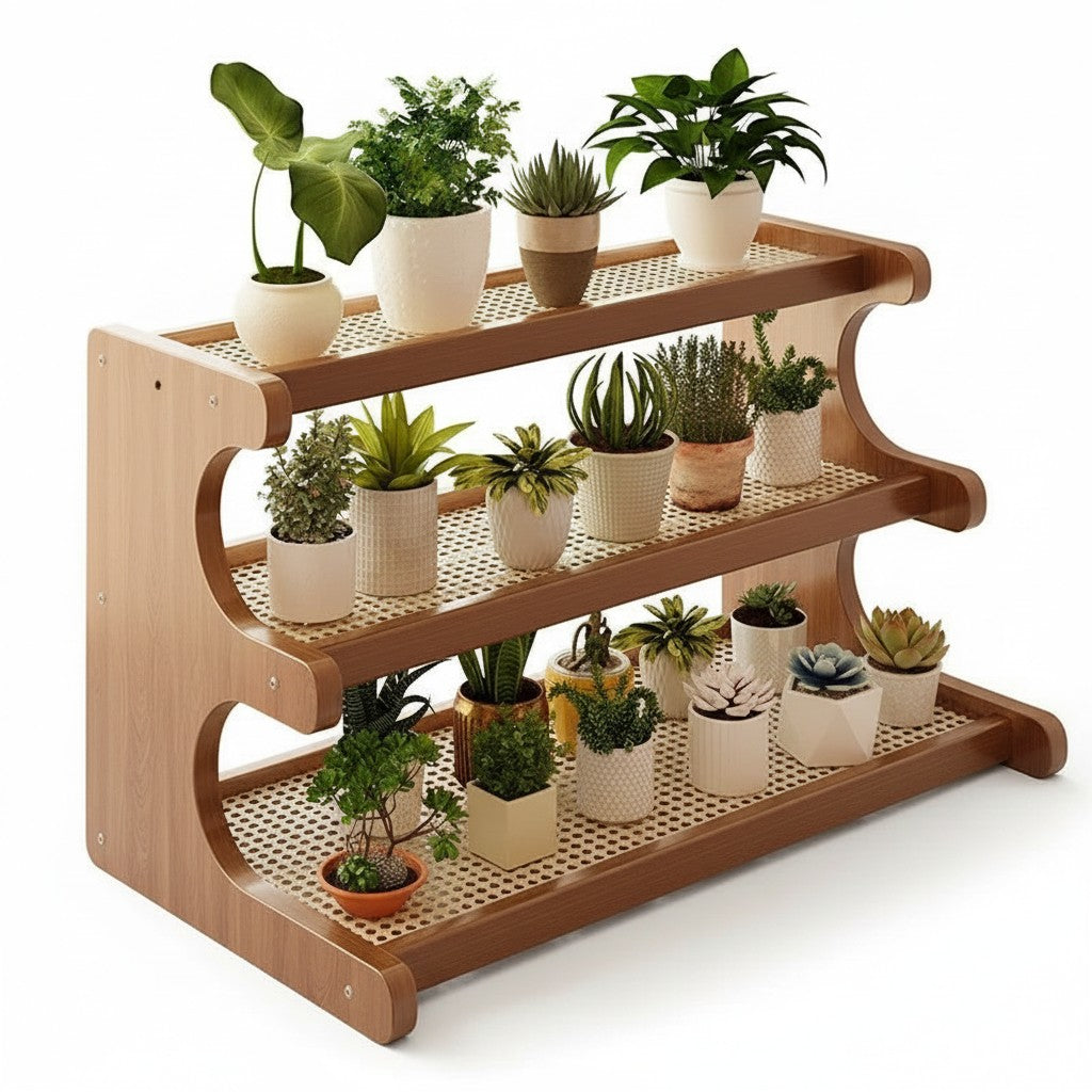 Prateleira organizadora de bancada Cucinamup de 3 andares em bambu natural com diversos vasos de plantas decorativos.