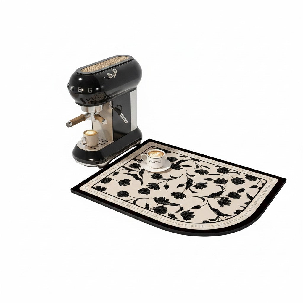 Tapete absorvente Cucinamup com estampa floral preta e bege sob cafeteira preta, material de secagem rápida.
