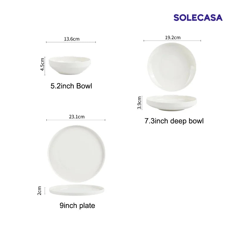 Aparelho de Jantar em Porcelana Branca SOLECASA | Pratos e Bowls Premium
