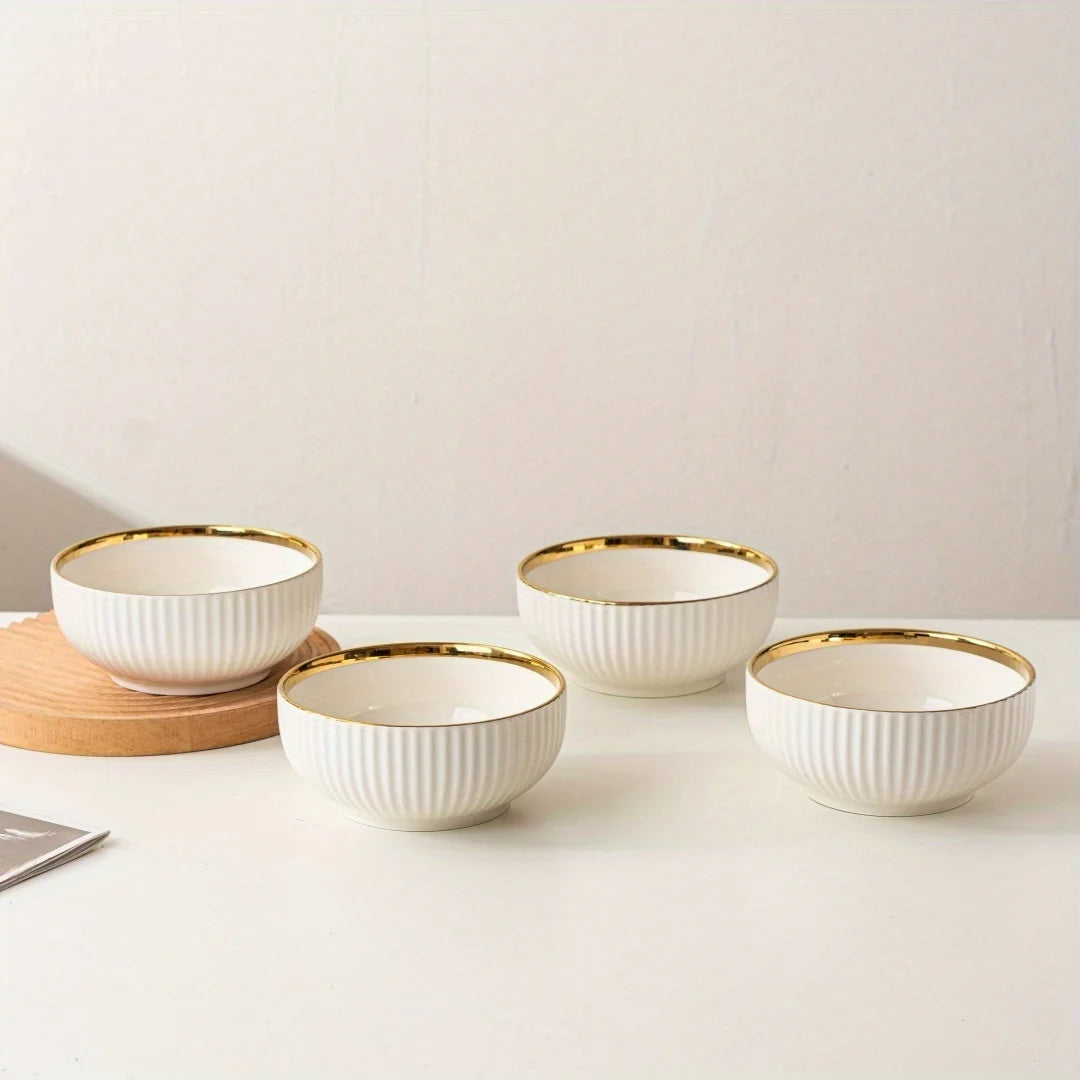 Aparelho de Jantar em Cerâmica Premium com Filete Dourado | Pratos e Bowls de Luxo