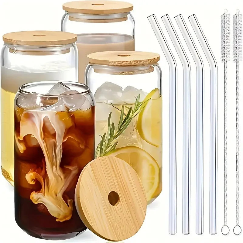Kit Copos de Vidro Caneca Can 500ml com Tampa e Canudo