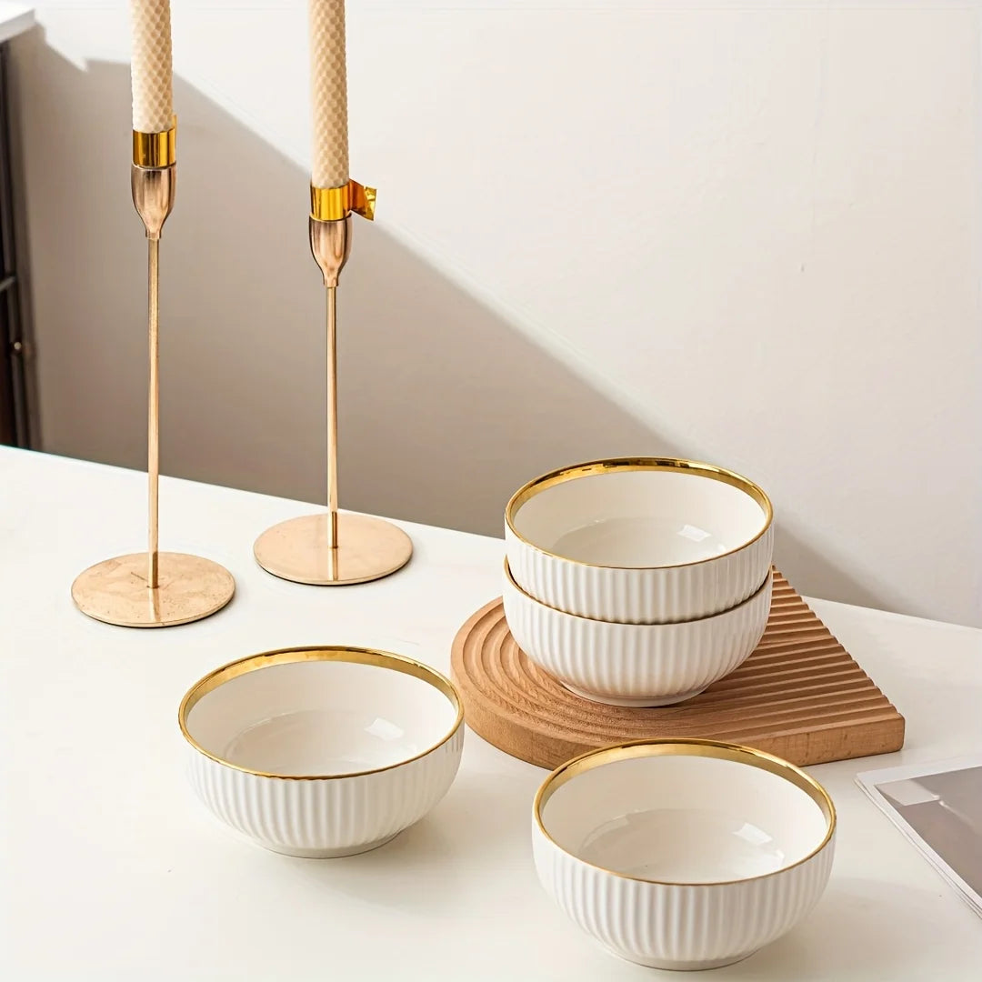 Aparelho de Jantar em Cerâmica Premium com Filete Dourado | Pratos e Bowls de Luxo