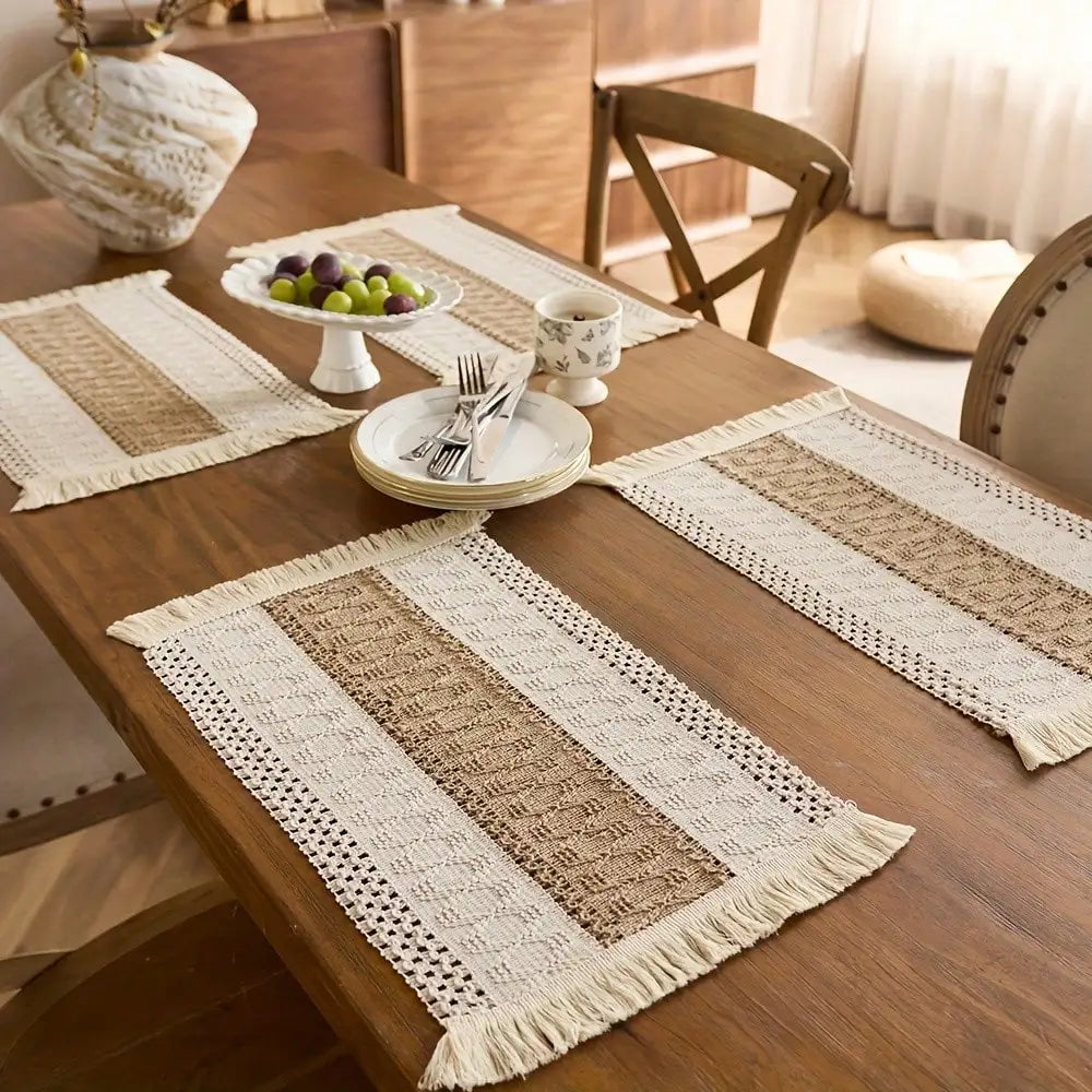Jogo Americano Retangular com Franjas | Estilo Farmhouse para Mesa Posta