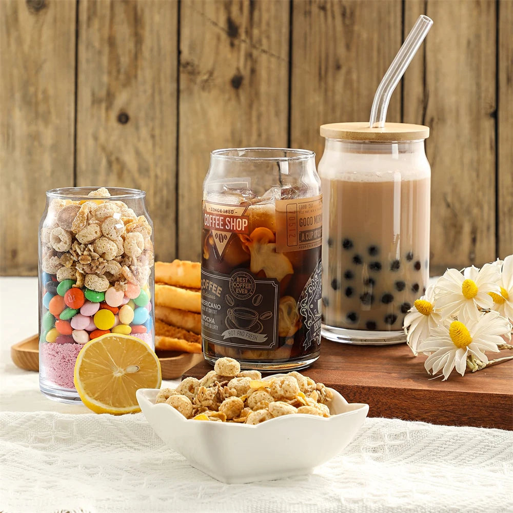 Kit Copos de Vidro Caneca Can 500ml com Tampa e Canudo