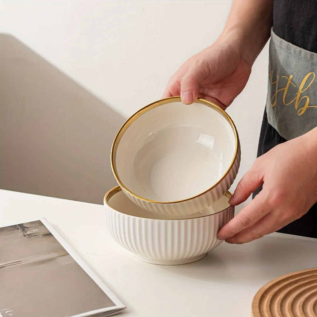 Aparelho de Jantar em Cerâmica Premium com Filete Dourado | Pratos e Bowls de Luxo