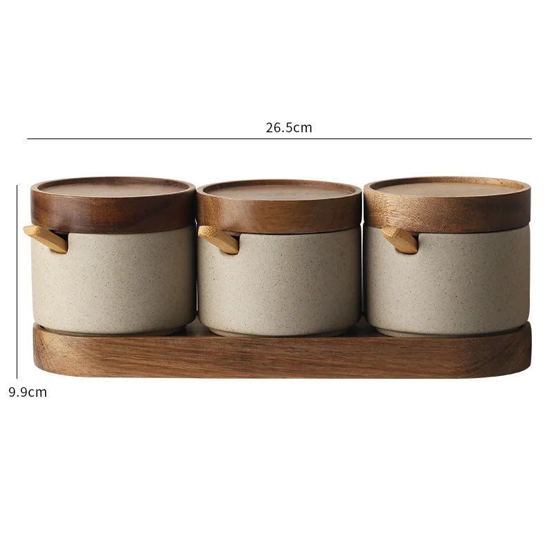 Kit Porta Temperos em Cerâmica com Tampa de Bambu e Colher