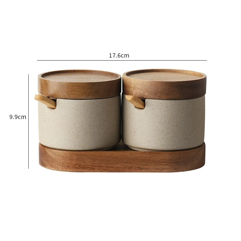 Kit Porta Temperos em Cerâmica com Tampa de Bambu e Colher