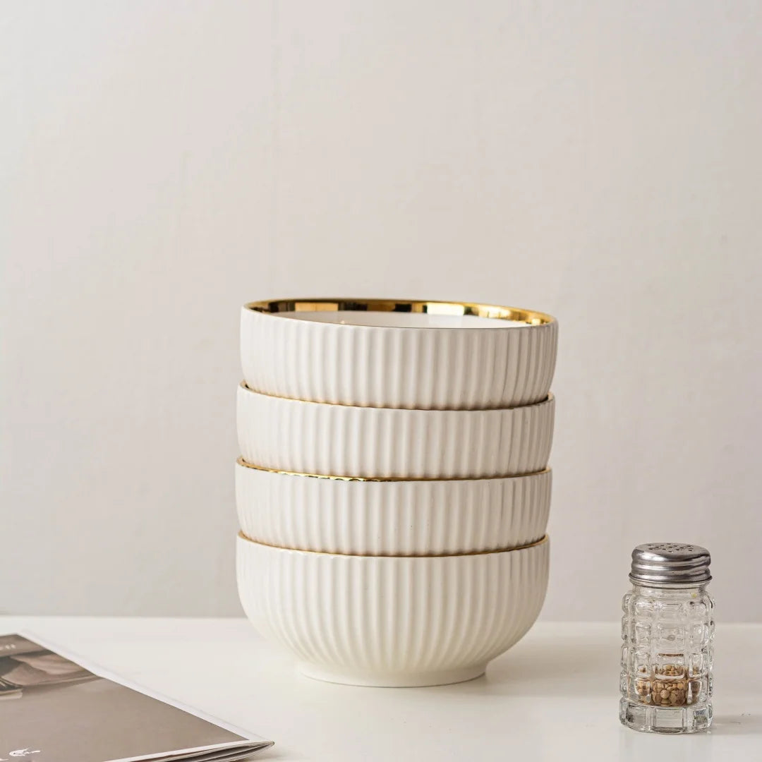 Aparelho de Jantar em Cerâmica Premium com Filete Dourado | Pratos e Bowls de Luxo