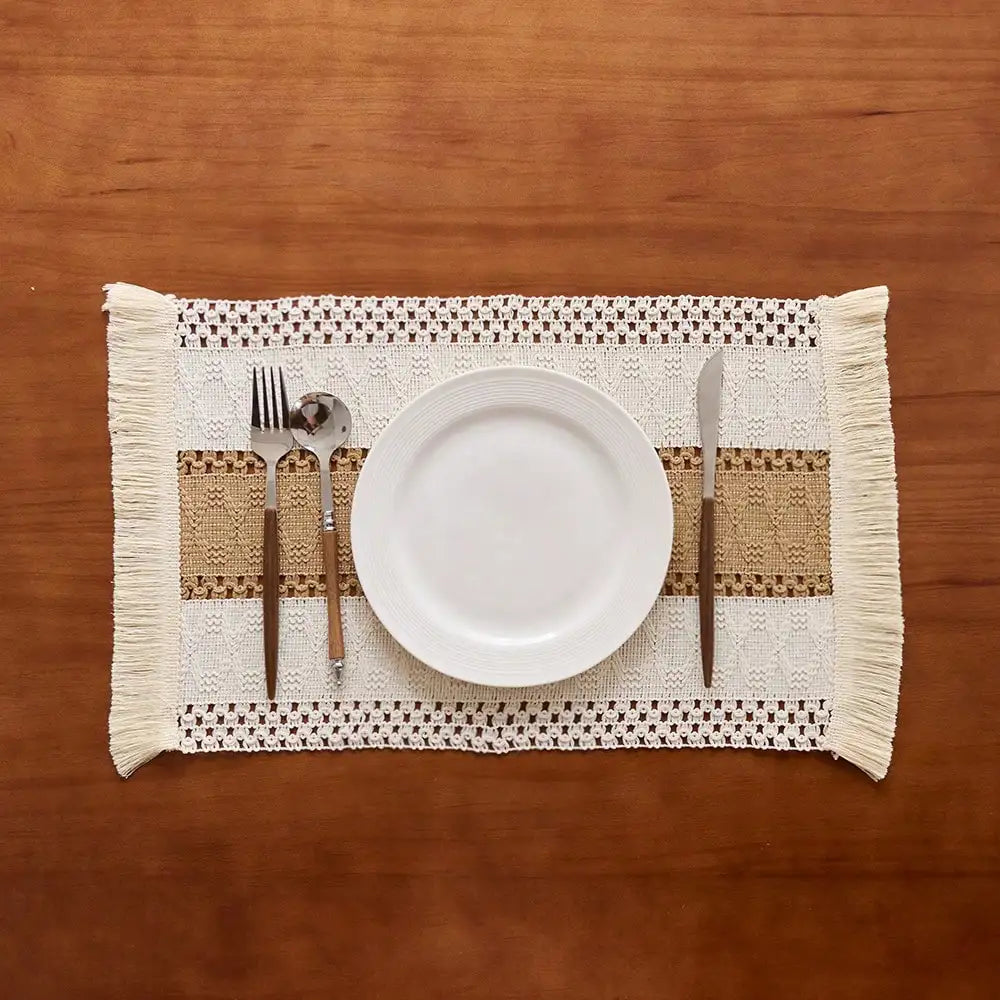 Jogo Americano Retangular com Franjas | Estilo Farmhouse para Mesa Posta