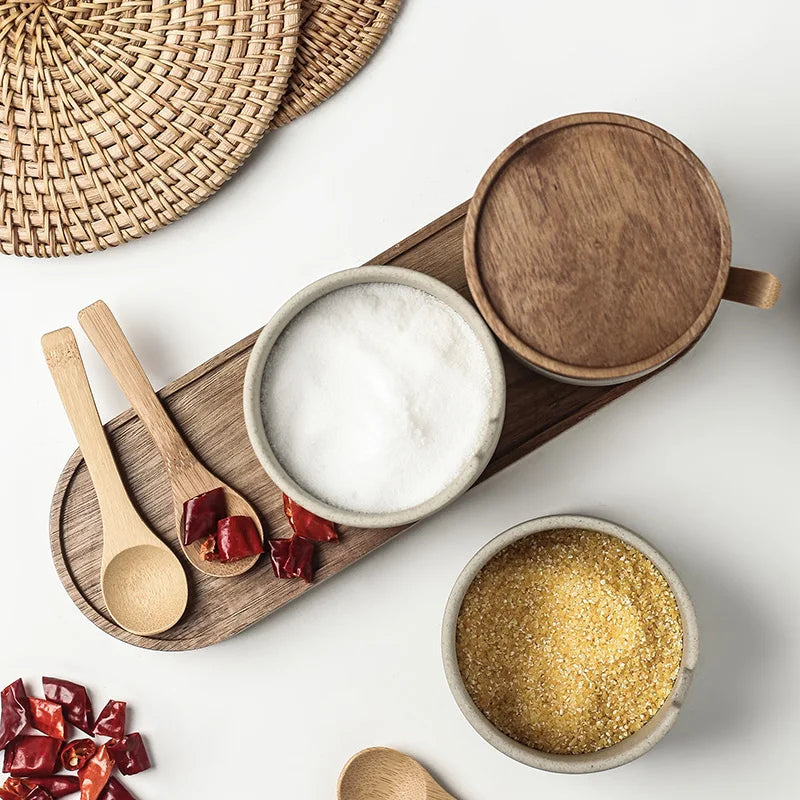 Kit Porta Temperos em Cerâmica com Tampa de Bambu e Colher