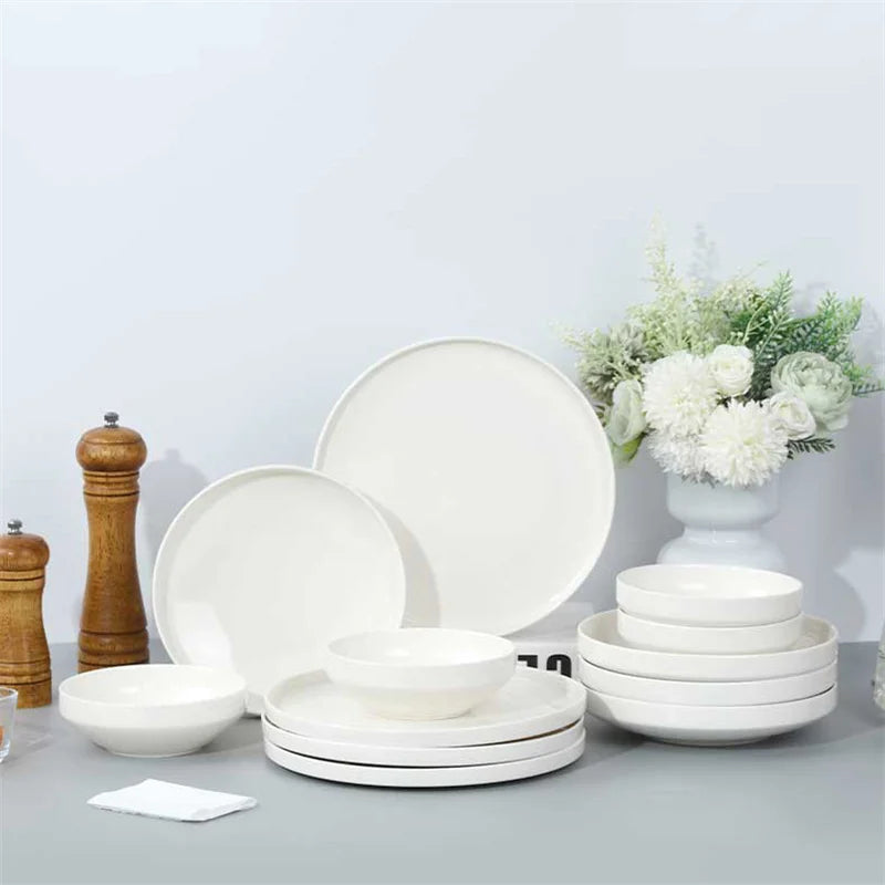 Aparelho de Jantar em Porcelana Branca SOLECASA | Pratos e Bowls Premium